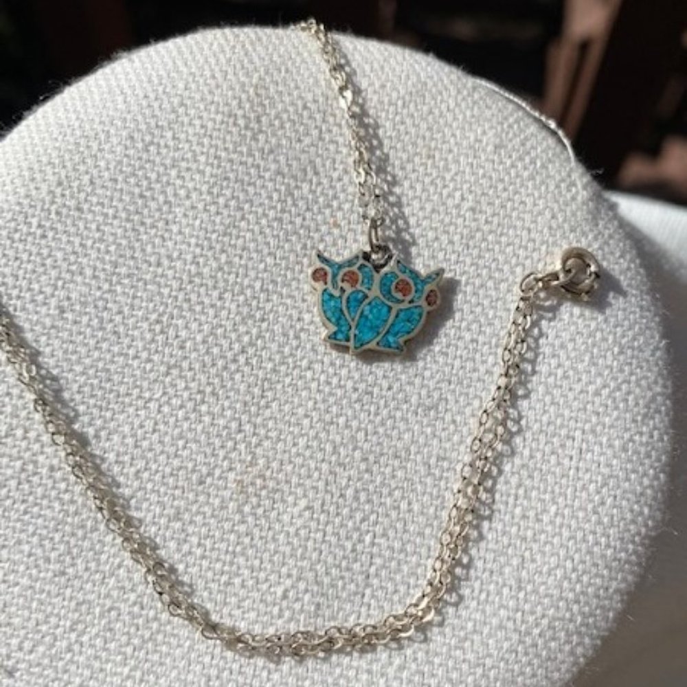 VTG 925 Double Owl Turquoise Pendant NECKLACE
